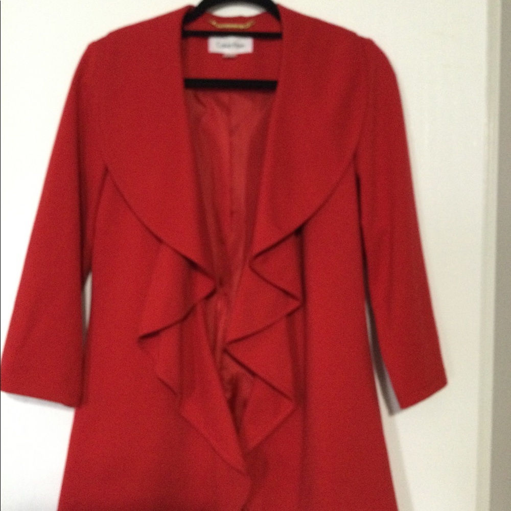 Calvin Klein Red Ruffled Draped Front Blazer 4
